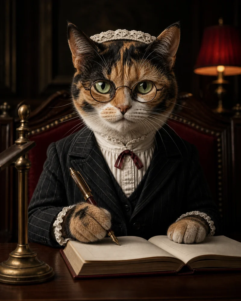 Lady Pawsworth, the calico court stenographer